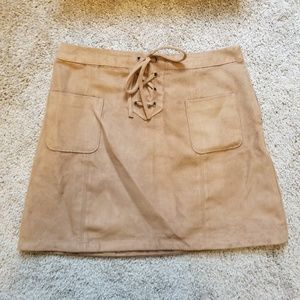 Brown Faux Suede Lace Up A-line Skirt